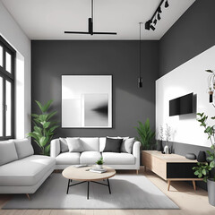 Fototapeta premium Minimalist living room with sofa and artwork of pastel gentle calming lilac and light purple. 3d rendering