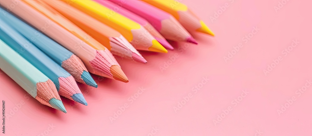 Poster close up of a set of colored pencils on a pink background with copy space image