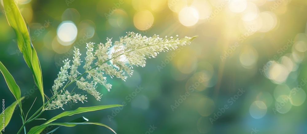 Poster macro shot of a wild grass flower with green leaves on the left side set against a blurred backgroun