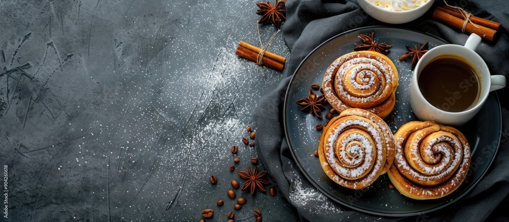 Aufkleber plate with cinnamon buns cream and a cup of coffee on a grey grunge background creating an aesthetic