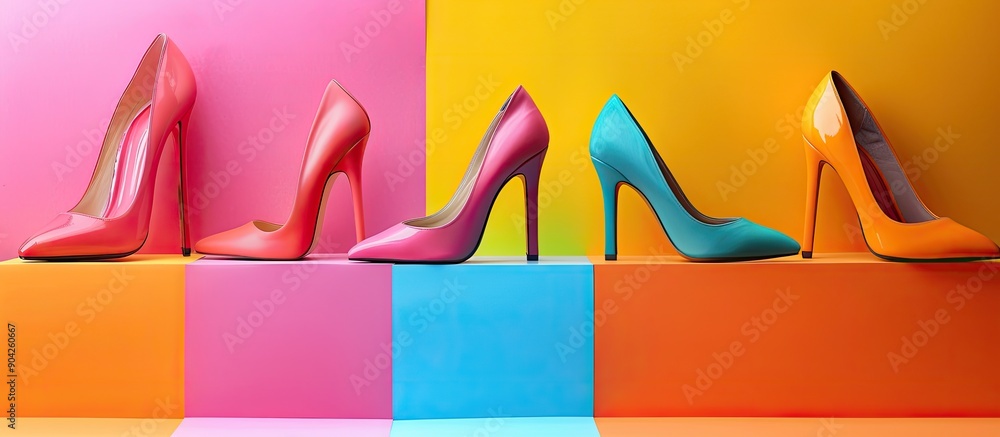 Poster various high heeled shoes arranged on a colorful backdrop with copy space image