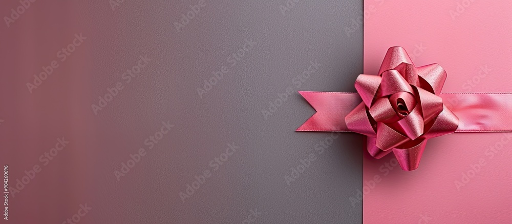 Poster A pink gift bow on a grey and pink background in a festive setting with copy space image for various occasions like Christmas New Year birthdays and celebrations