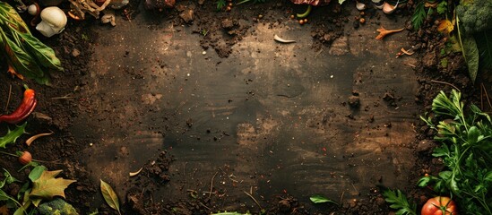 Organic waste and soil frame on grunge background with copy space image illustrating compost recycling concept