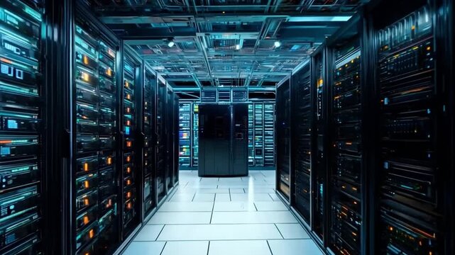 Immense blue computational energy an expansive supercomputing facility housing rows upon rows of massive servers, control and regulate the vast expanse of the internet. Generative AI