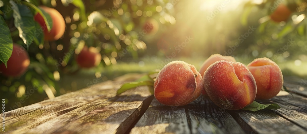 Wall mural a photo of fresh ripe peaches set on a wooden table in a park with room for food drinks and products