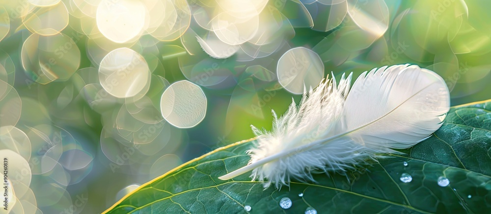 Aufkleber macro shot of a white bird feather on a leaf with a blurred background provides a captivating copy s