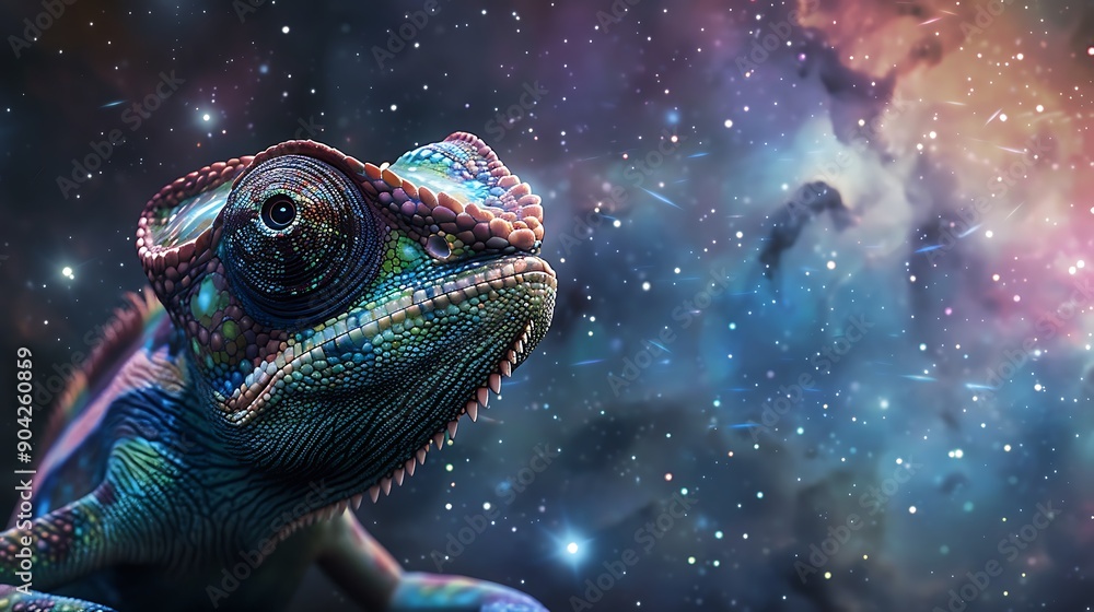 Wall mural Cute astronaut chameleon gazing up at the stars