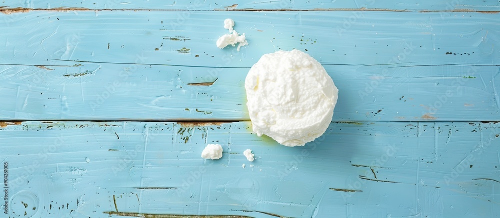 Poster a delicious ricotta cheese on a pale blue wooden surface seen from above possible text can be added 
