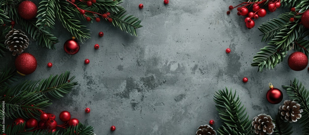 Poster a christmas card idea featuring a frame of green fir branches red ornaments and berries on a concret