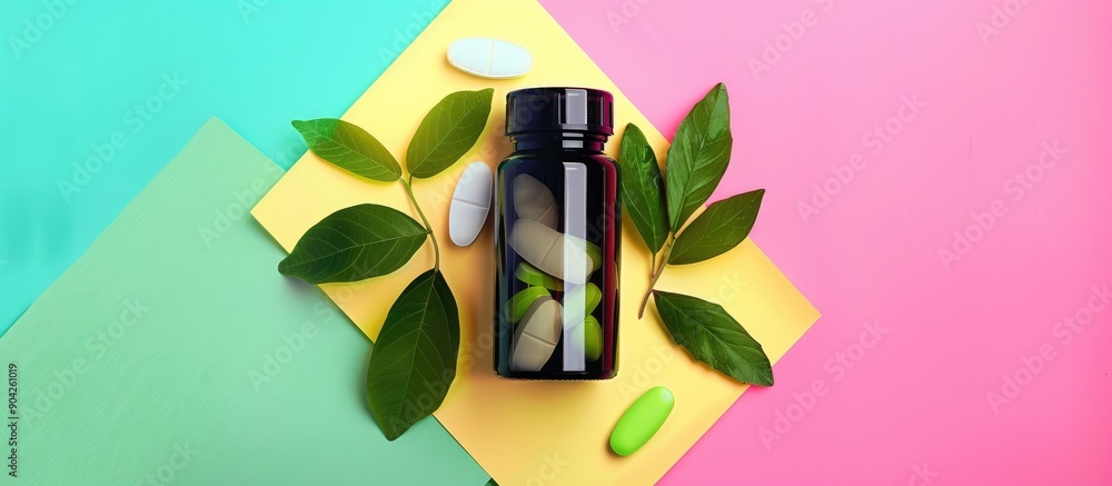 Poster top view of a bottle with pills and green leaves on a colorful background ideal for a copy space ima