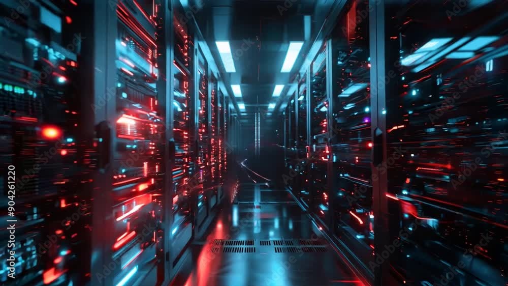 Poster data center with illuminated data transfer lines and connections