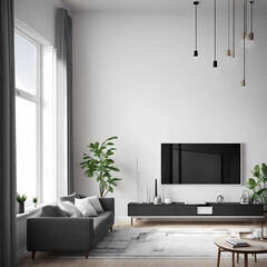 Minimalist living room with sofa and artwork of pastel gentle calming lilac and light purple. 3d rendering