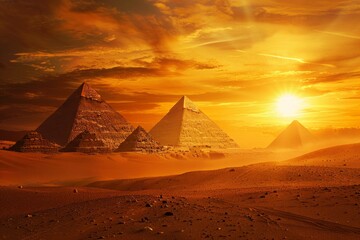 Postcard with landscape of Egyptian pyramids, Egypt at sunset