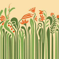 Abstract floral square background with flowers with a long stem, footstalk and copy space for banner, social media, postcard, contemporary art in bauhaus, groovy style