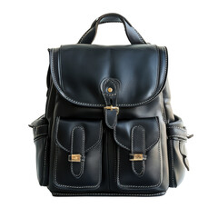 Naklejka premium Classic black leather multi pocket backpack set in different colors isolated on transparent background PNG