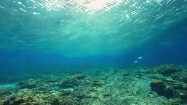 From the ocean floor, the underwater perspective shows sunlight streaming through waves, casting light patterns on the sandy bottom. The pristine water is peaceful and serene. Generative AI.