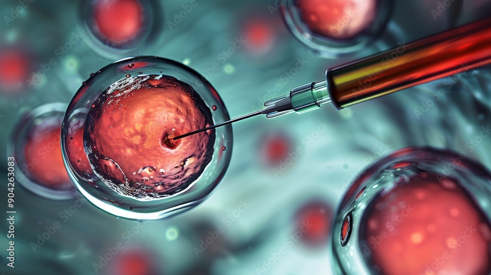 Poster syringe injects a single red cell into a transparent, spherical cell surrounded by others, represent