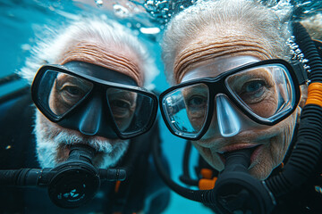 Photograph of a Senior Couple Scuba Diving: An elderly couple exploring underwater while scuba diving.