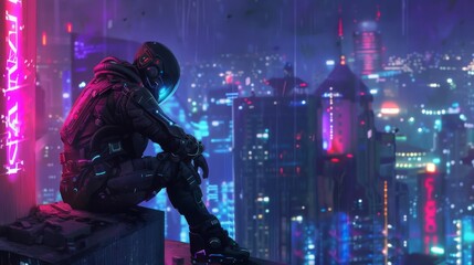 Cyborg robot sitting on rooftop in a futuristic cyberpunk neon city at night. Copy space, sci-fi science fiction fantasy digital