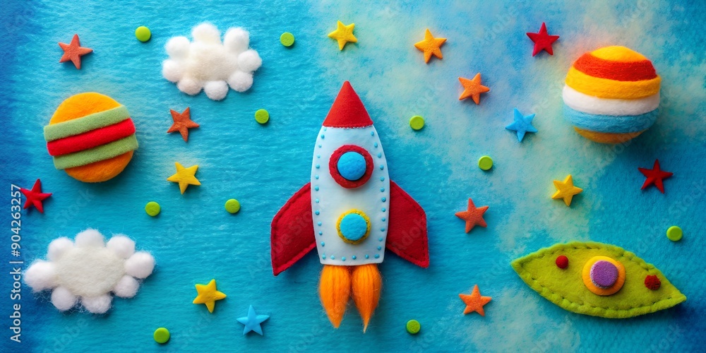Poster space-age felt toy crafting launch sequence with colorful felt details creative ai