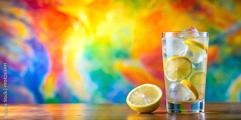 Poster glass of lemonade with ice and a colorful background ai-created content