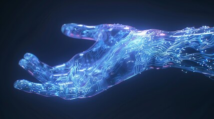 Obraz premium 3D rendering of a holographic hand, with transparent layers and detailed circuitry visible inside