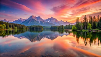 A serene lake with majestic mountains and a pink sunset in the background, lake, mountains, pink sunset, serene