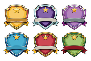 Six Cartoon Shields with Stars and Ribbons