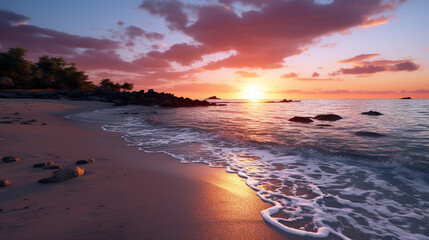 
sunset seashore pink clouds big wave