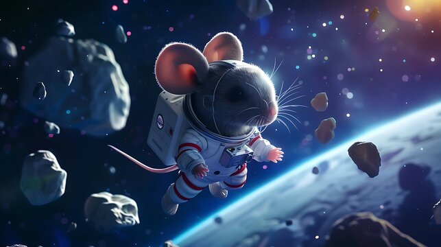 Cute space suit wearing mouse floating amid stars and rocks in faraway space - Powered by Adobe