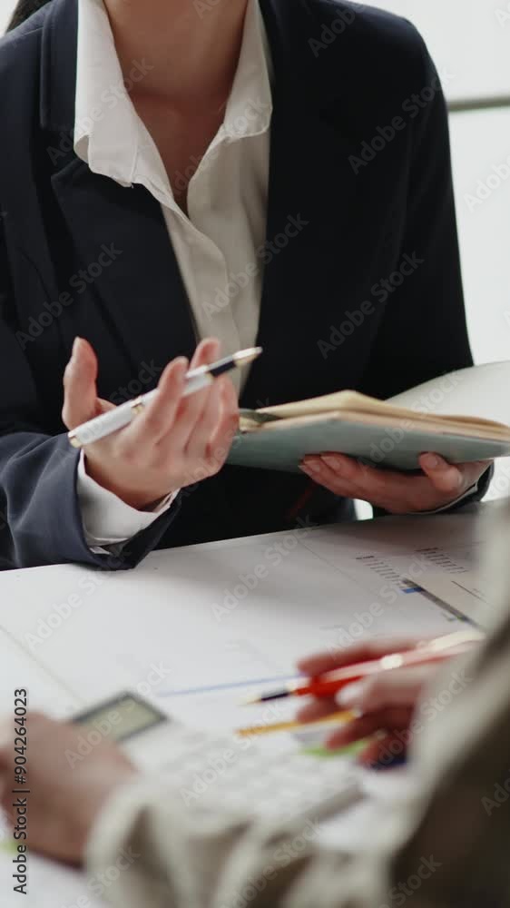 Poster vertical footage of close up of hands teamwork business group are meeting working calculate and brai