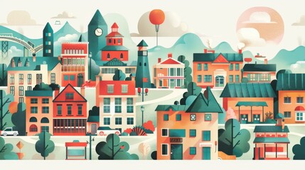 Obraz premium A visual journey through the importance of location: housing, commerce, and landmarks.