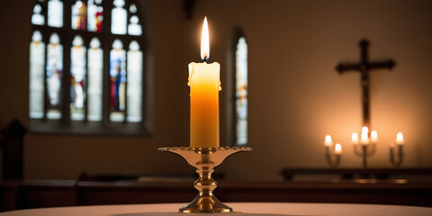 Naklejka premium Lit Candle in Church Interior - Serene Spiritual Atmosphere
