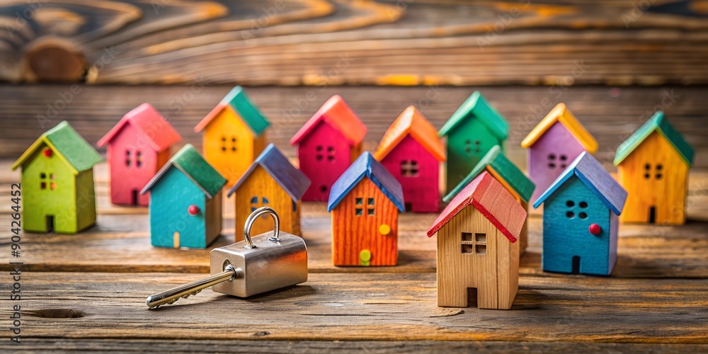 Poster assorted colorful miniature wooden houses with key on rustic table generative by ai