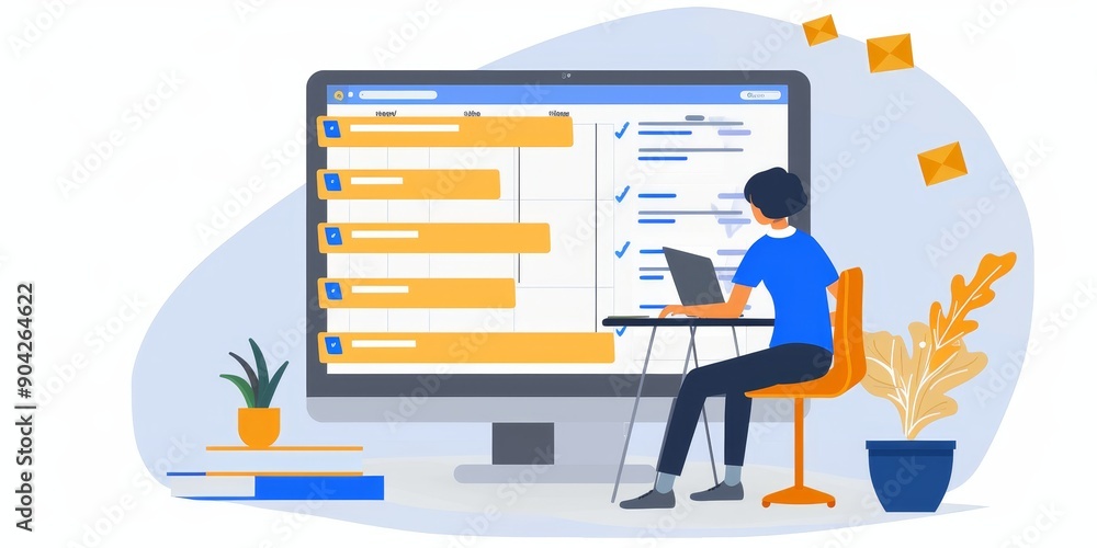Poster A project manager coordinating tasks with project management software on a laptop, ensuring efficient workflows
