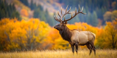 Majestic bull elk surveys his territory in the fall AI Generative, forest, bull, autumn elk, fall