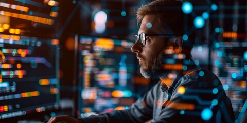 A software engineer intently coding on a computer, with digital data streams overlaying the image, symbolizing the tech industry