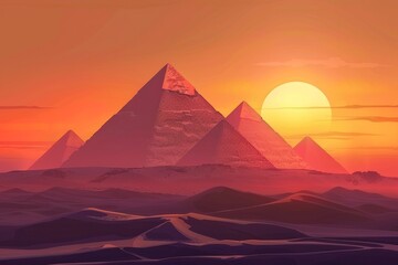 Vivid artistic illustration of Egyptian pyramids, Egypt at sunset
