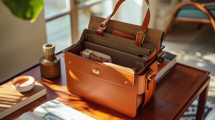 A leather handbag sits on a table, showcasing its organized interior filled with essential items, illuminated by morning sunlight