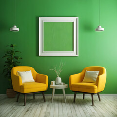 Wall blank frame mockup in room interior design, 3d rending by AI generative