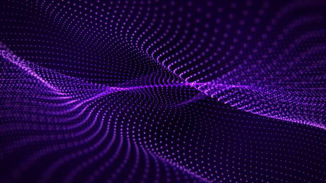 Looped waveform background with floating structure of particles and soft pink purple glow effect. Abstract animation of dotted waves for science fiction, virtual reality and technology. Loop 4K 60 fps