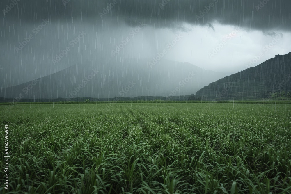 Sticker cloud raining on farmland, serene scene of a cloud raining over a lush farmland with vibrant greenery