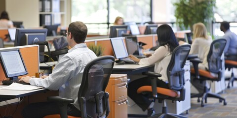 Fototapeta premium Employees working on ergonomic chairs and desks, maintaining good posture and comfort, promoting a healthy work environment