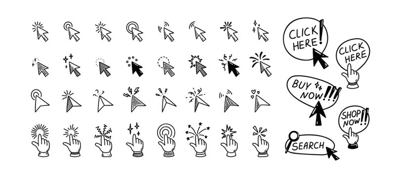 Doodle click icon set. Hand drawn mouse cursor. Press here tap button. Arrow and finger pointer. Sketch vector illustration. Design element for mobile app and web site