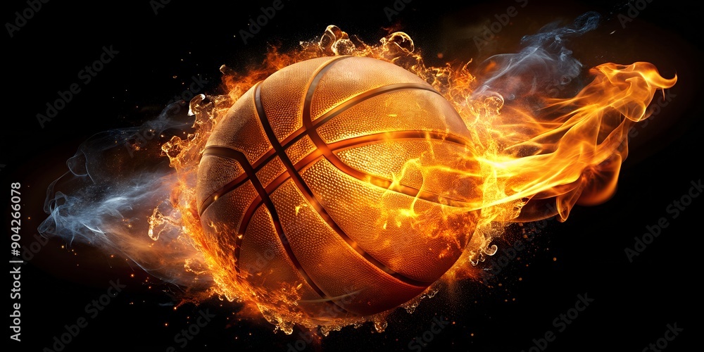 Poster burning basketball sphere on black background generative ai ai-created content