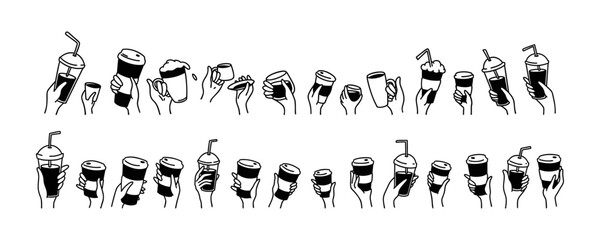 Raising hands up with coffee. Cute line doodle. Different types and size hot drinks. Group of people, men and women in the morning at breakfast. Friendship and team building. Beverage icon set