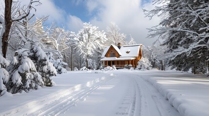 Snow-covered log cabin nestled in a winter wonderland