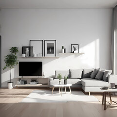 Minimalist living room with sofa and artwork of pastel gentle calming lilac and light purple. 3d rendering