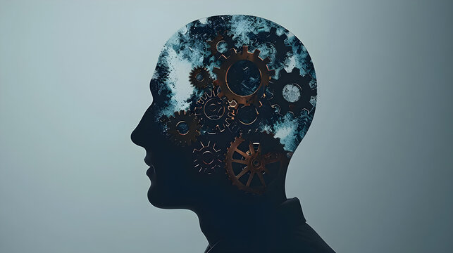 silhouette of a human head, abstract gears inside, symbolic representation of technology, creativity, innovation, suitable for educational content, marketing materials, and tech industry contexts,...