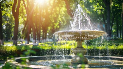 Fountain with water splashing in a sunny summer city park garden nature surrounded by green trees. Copy space, travel touris